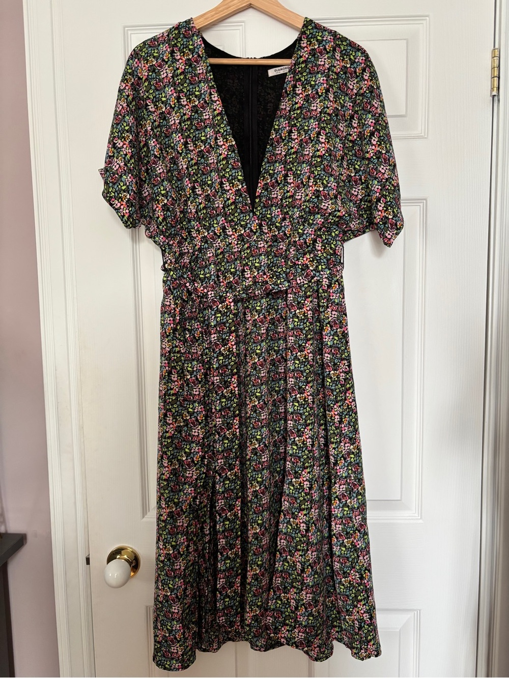 Glamorous Black Floral Midi Dress with Pink & Green Accents